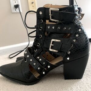 Black studded strappy heeled booties